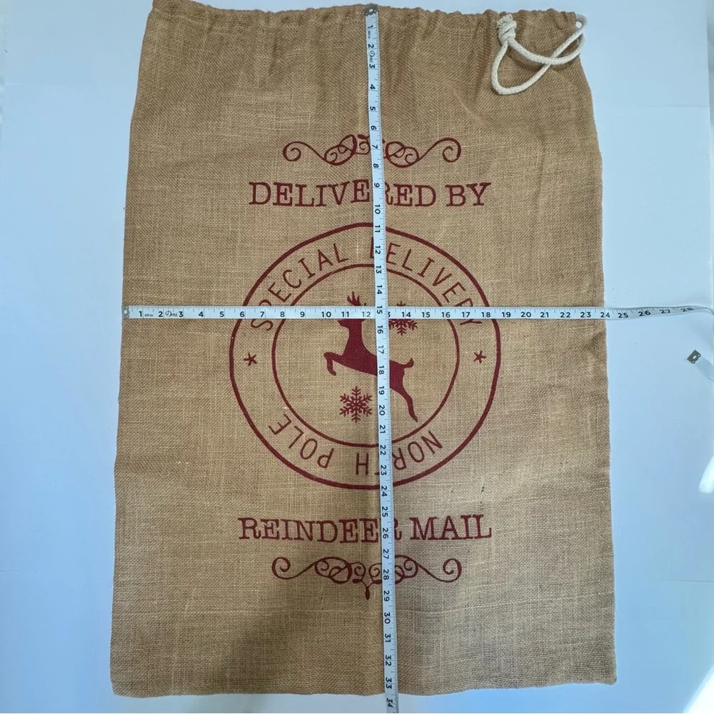 Rustic Burlap Christmas Santa Sack Reindeer Mail Drawstring Gift Bag Large 33x24